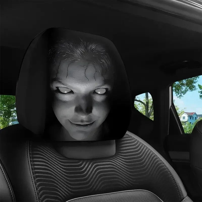 Hooded horror face headrest cover on front seat, black eerie alien face