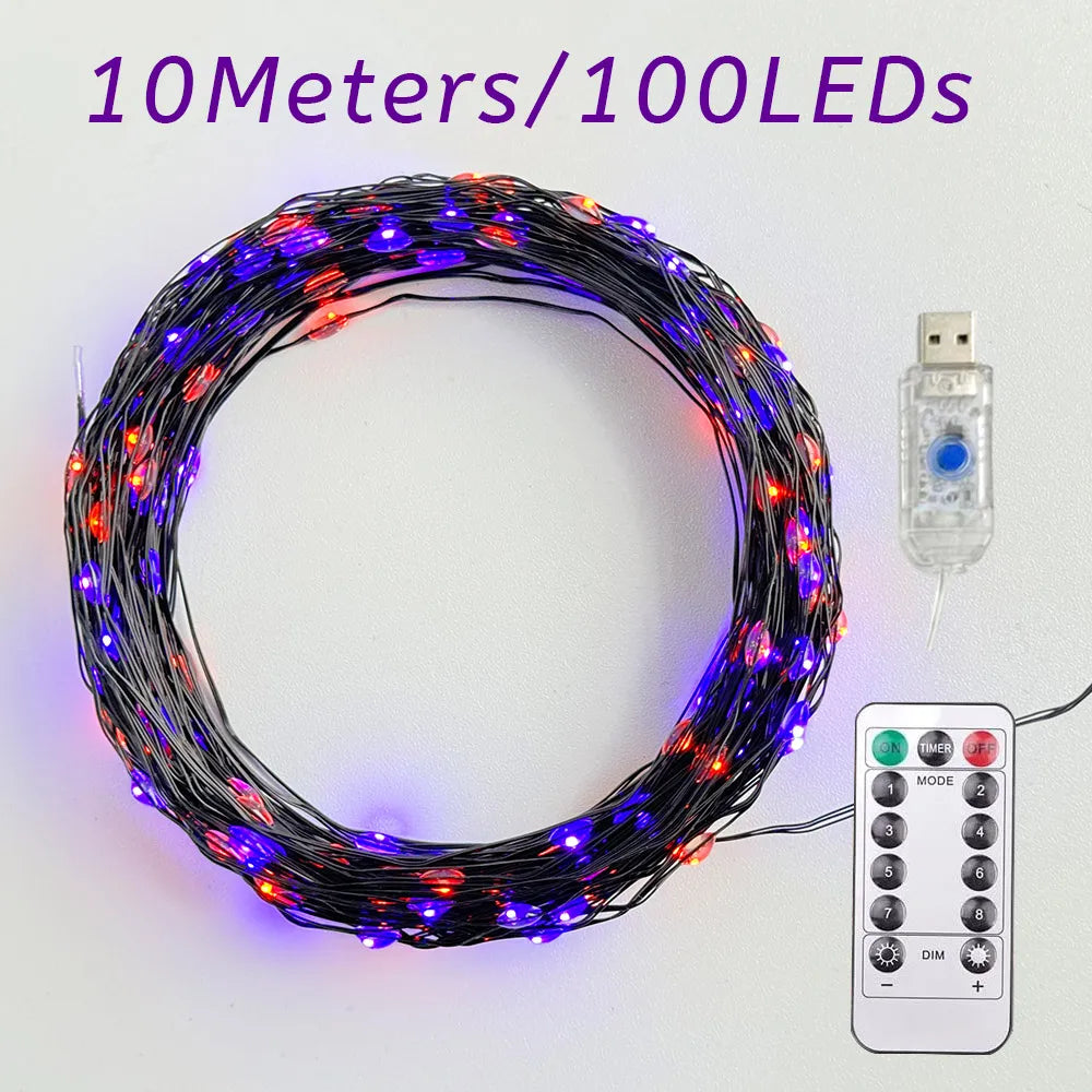 10m purple and orange LED fairy string lights coil with USB plug and remote