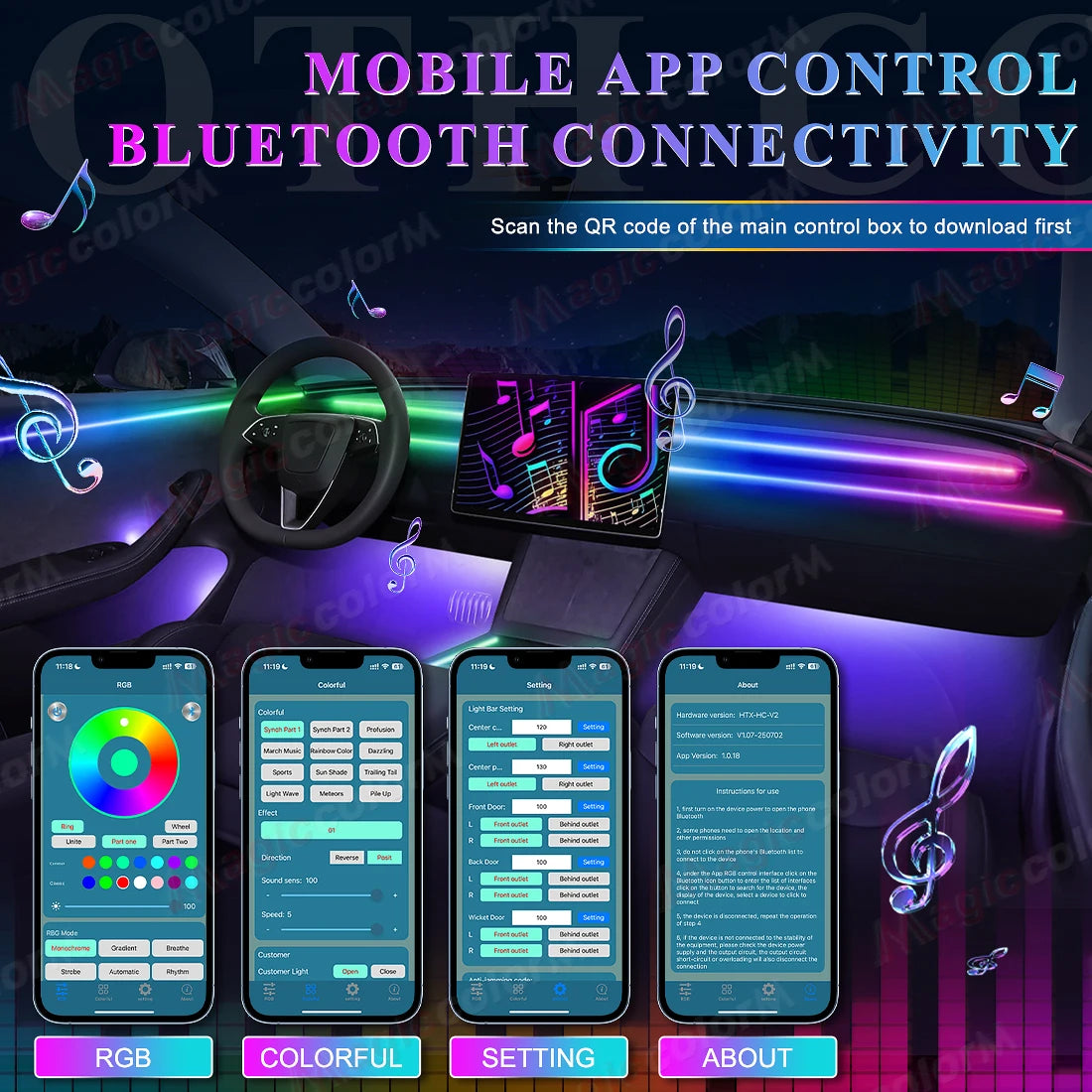 Bluetooth app control interface for RGB ambient light kit with phone screens and music icons