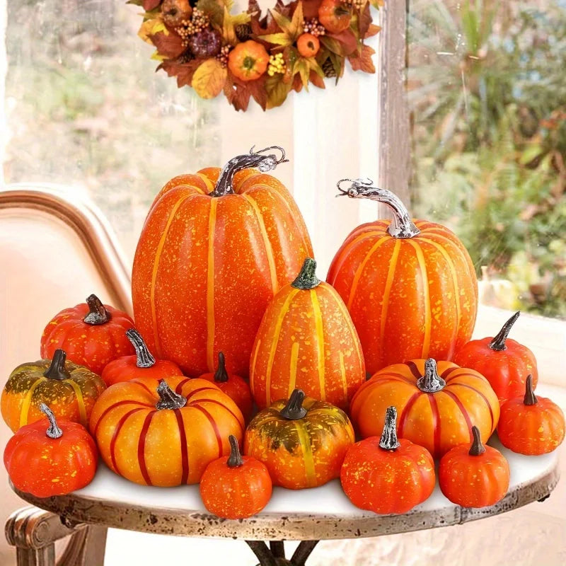 Artificial pumpkin decor set: orange faux pumpkins arranged on a round pedestal stand.
