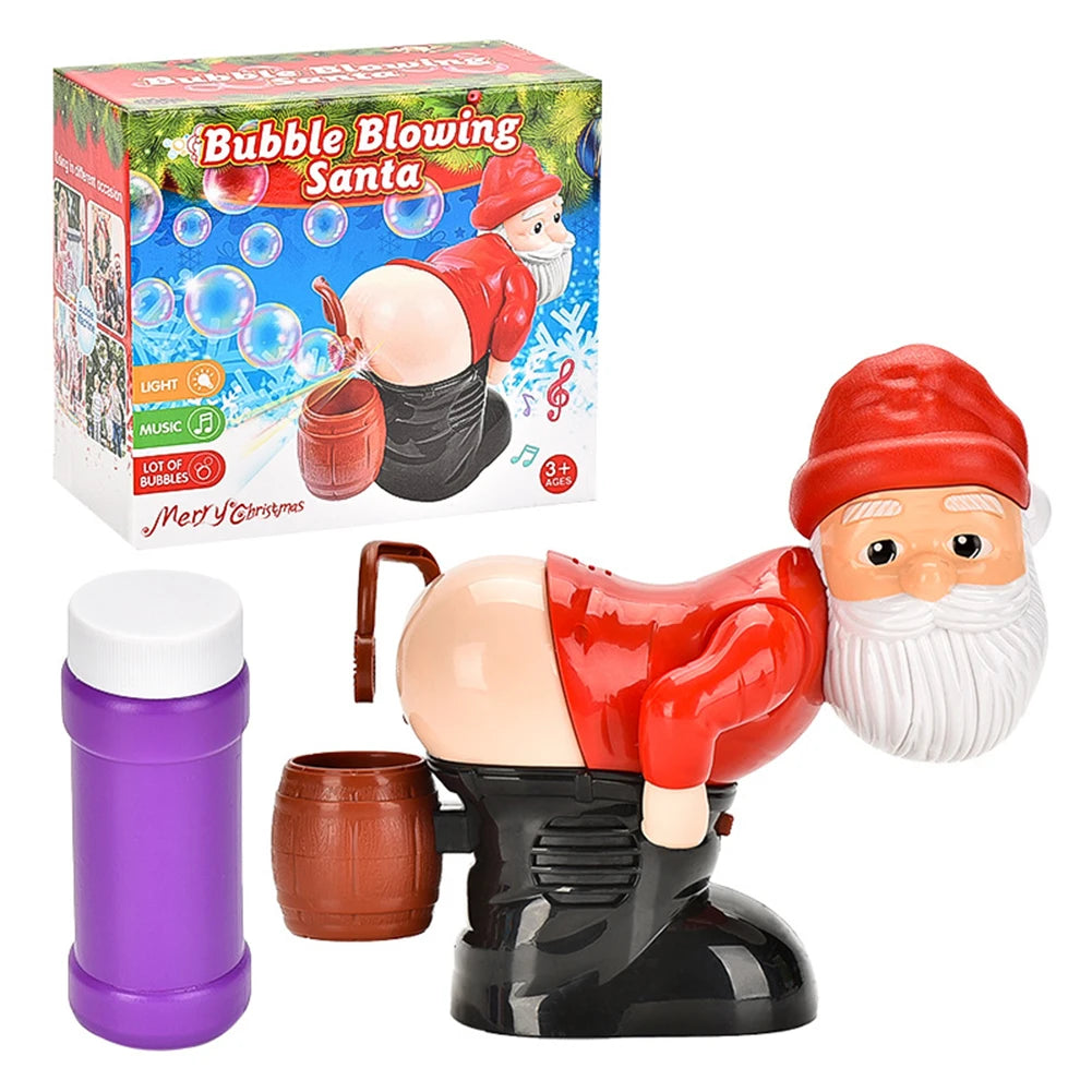 Santa bubble blower toy with packaging box, purple bottle and brown bubble barrel