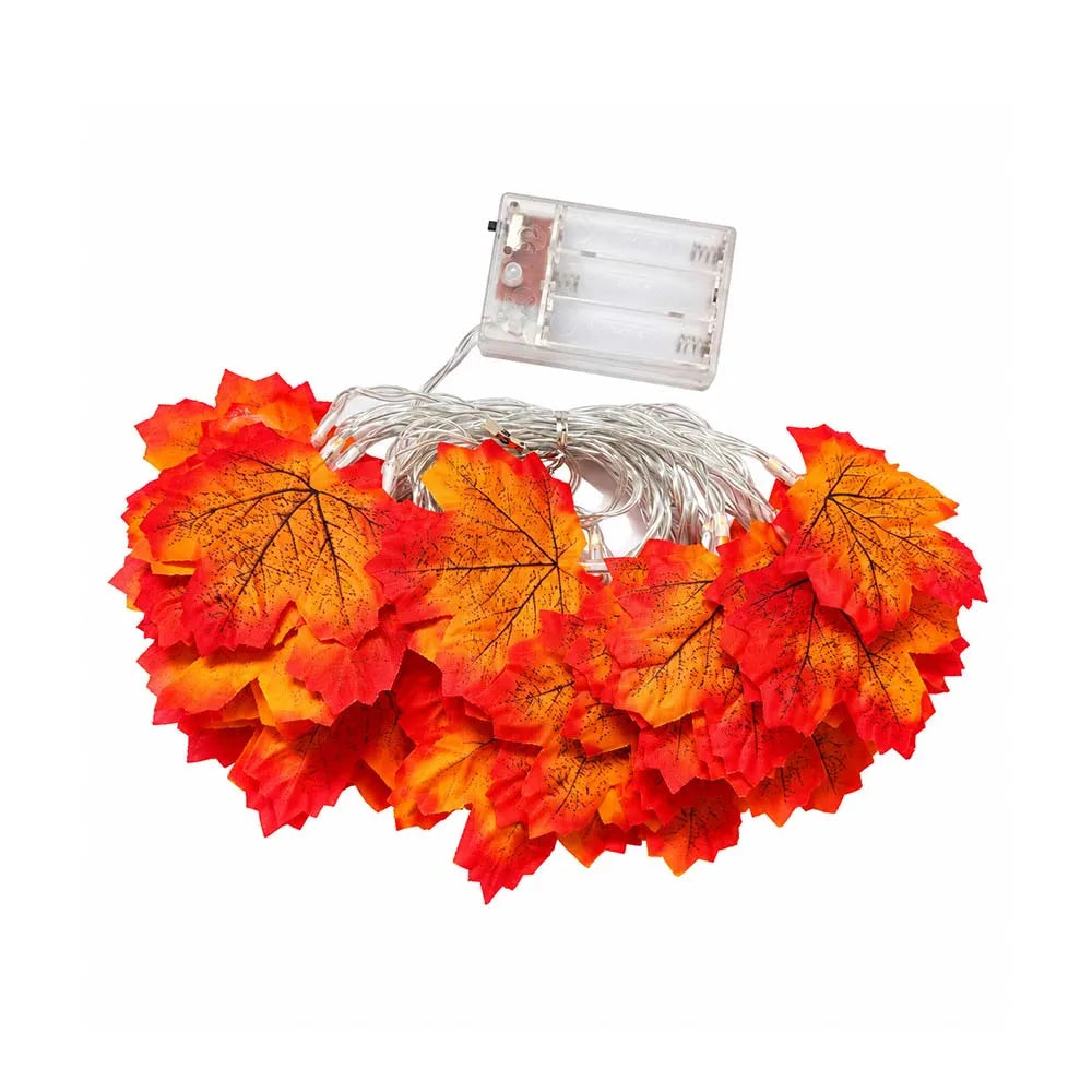 LED maple leaf lantern garland string lights with battery box and warm glowing leaf lanterns