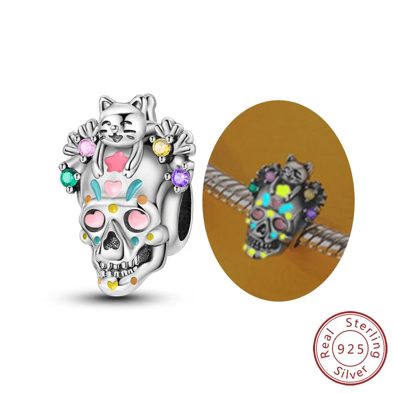 925 sterling silver Halloween charm bead with cat skull face and colorful gem accents