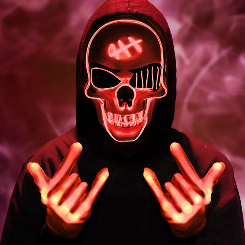 Hoodie-wearer with red light-up skeleton skull face mask and glowing hands