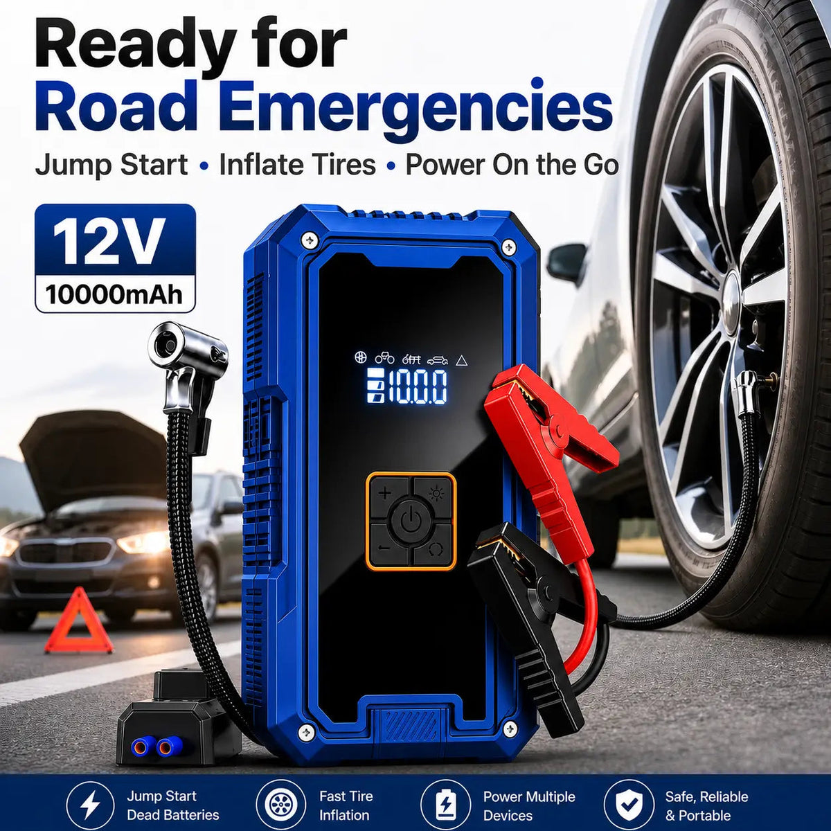 Blue portable 12V 10000mAh jump starter and tire inflator with red and black clamps, shown beside a car wheel and another car in a road-emergency scene, with text highlighting features like jump start, tire inflation, and power on the go.