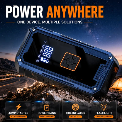 Blue all-in-one jump starter laid on rocky road with digital screen and orange button