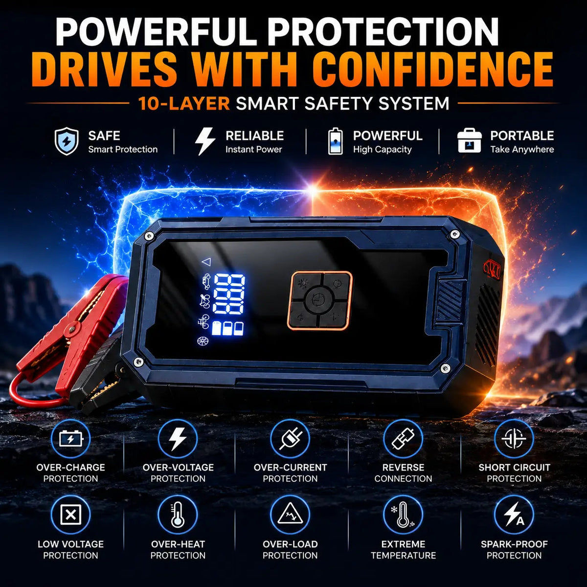 Blue jump starter with digital display, orange control button, and red clamp connection