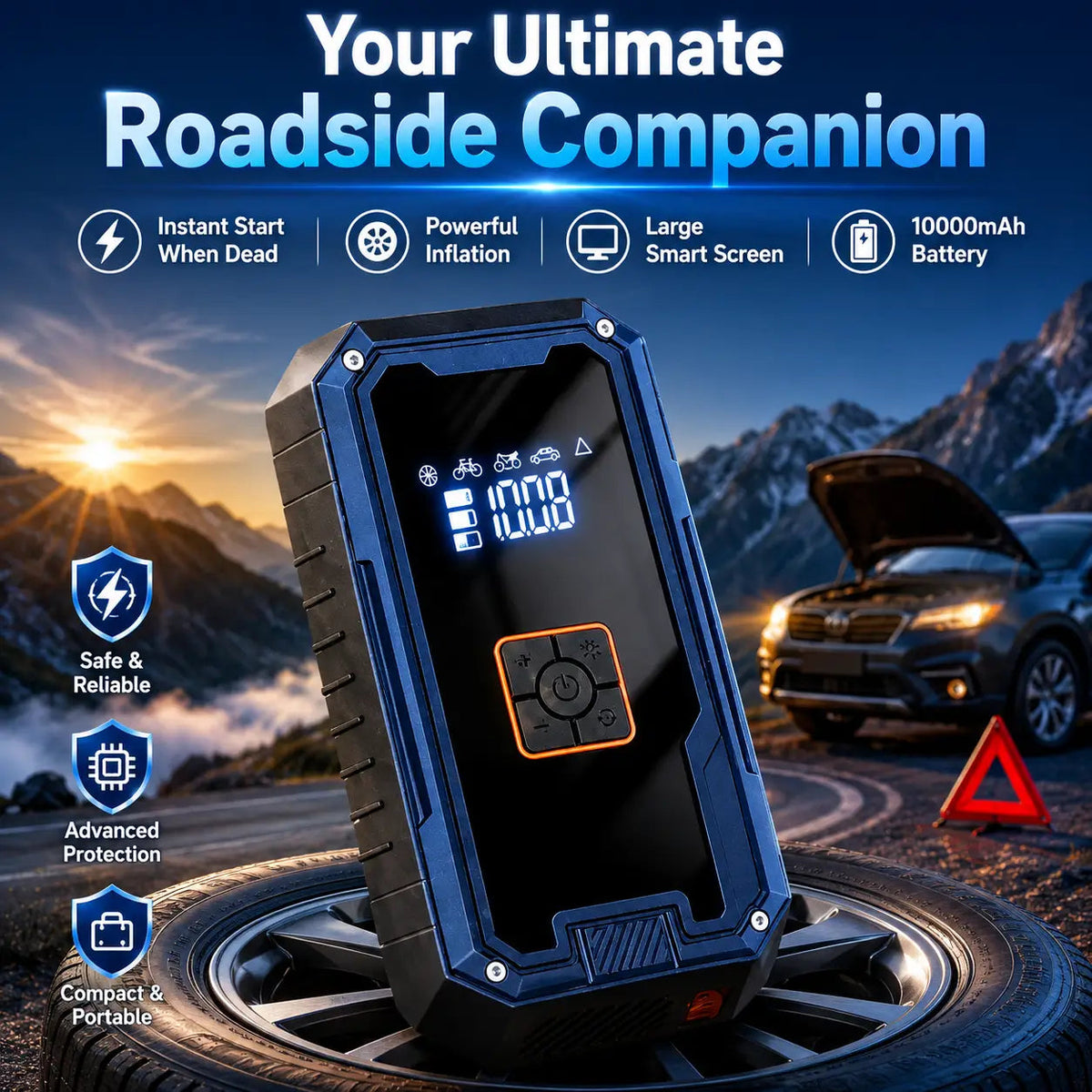 Blue all-in-one car jump starter with digital screen and control button panel on base