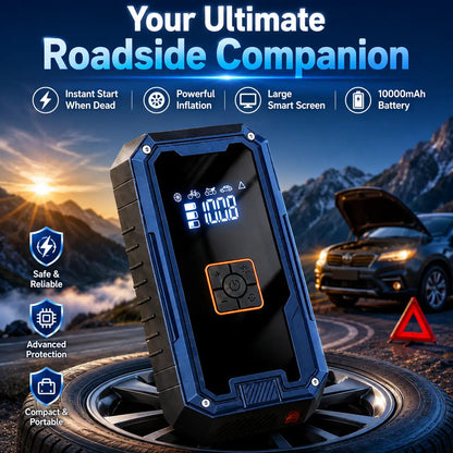 Blue all-in-one car jump starter with digital screen and control button panel on base