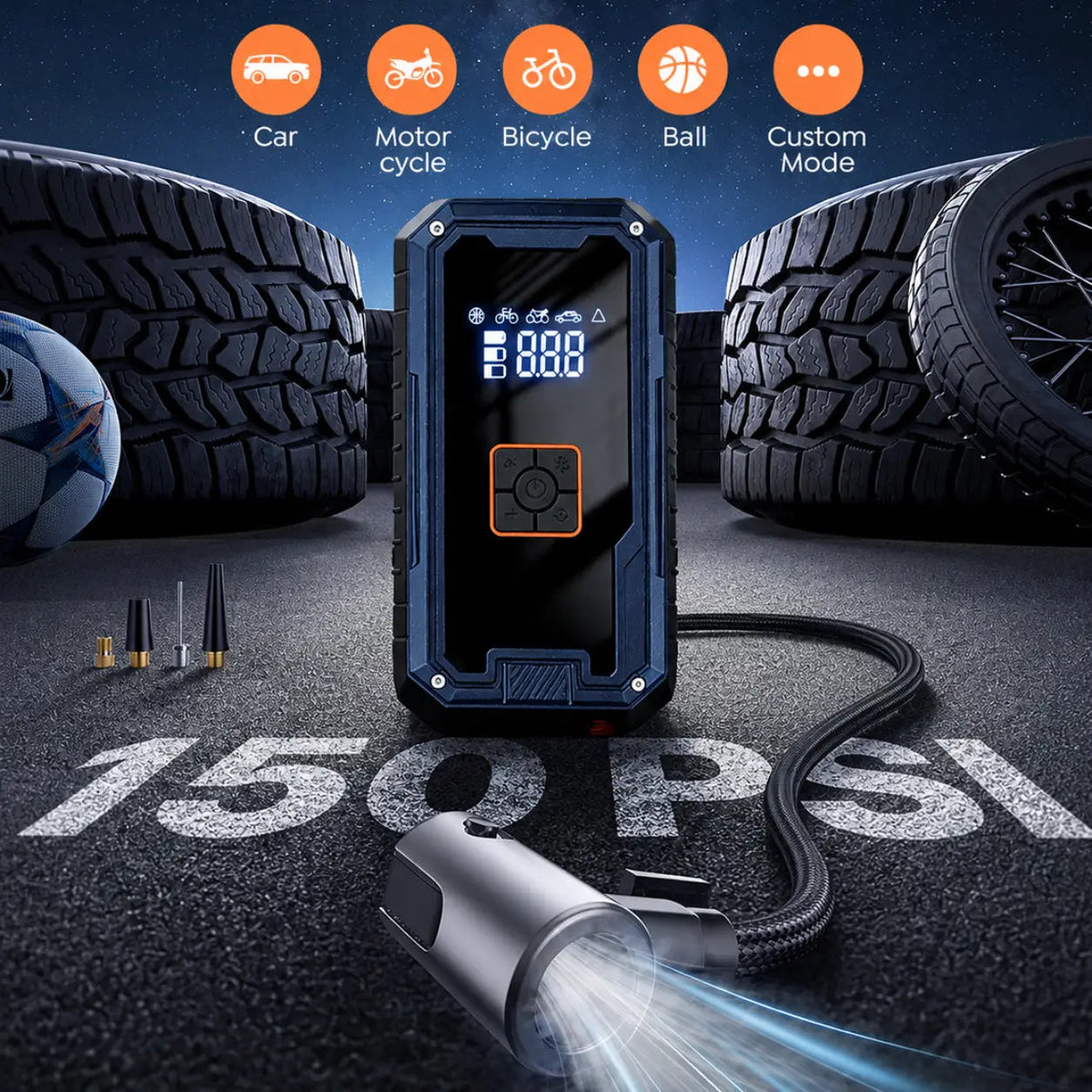 Blue all-in-one jump starter with digital display, orange button, and charging cable