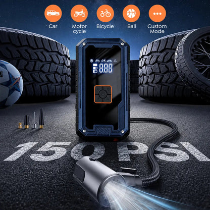 Blue all-in-one jump starter with digital display, orange button, and charging cable
