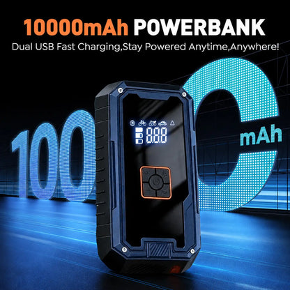 A rugged 10000mAh power bank with a black and dark blue protective casing, standing upright. The front features a digital display screen and an orange accent button.