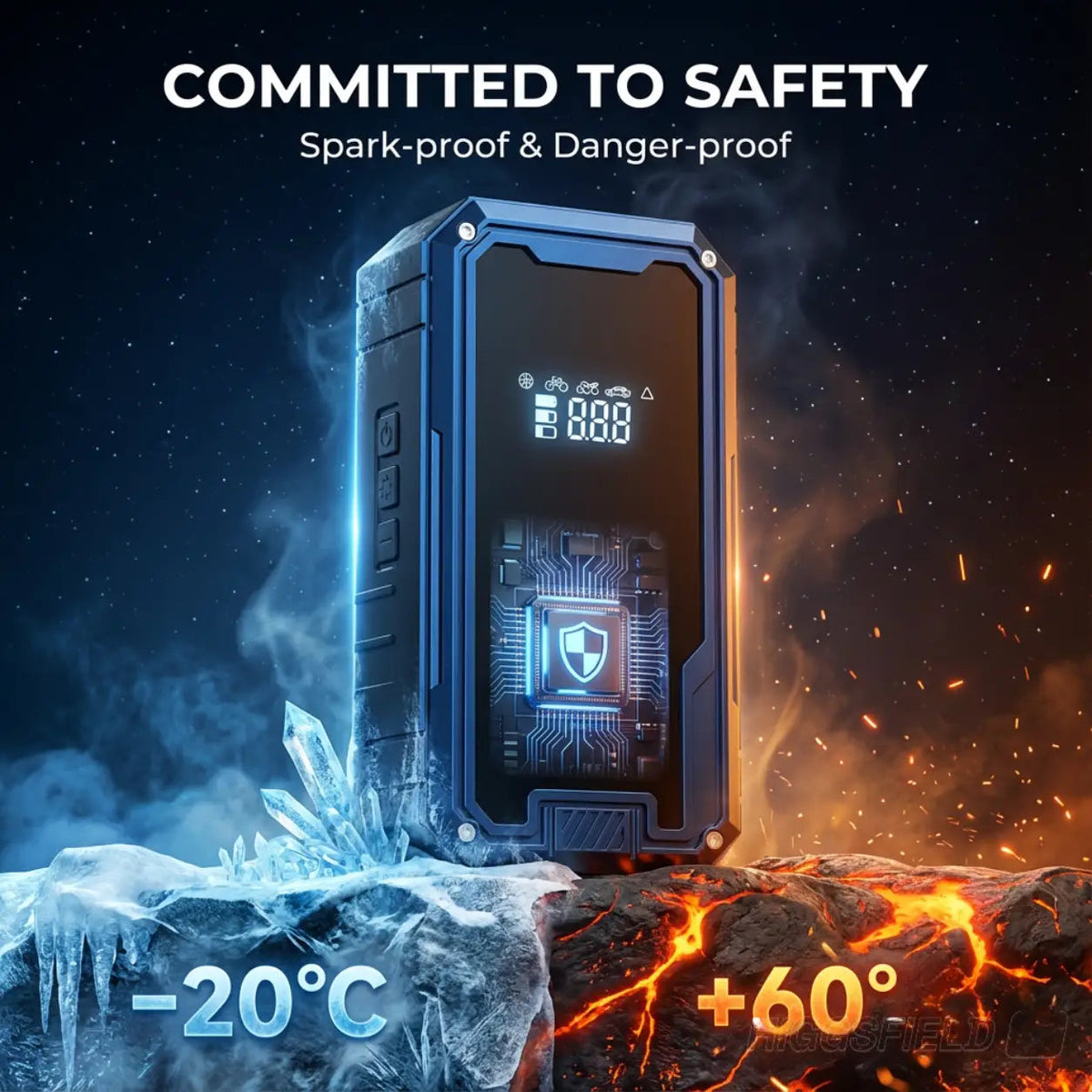 Blue jump starter with digital screen, orange control button, shown in icy/warm conditions
