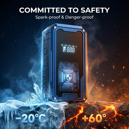Blue jump starter with digital screen, orange control button, shown in icy/warm conditions