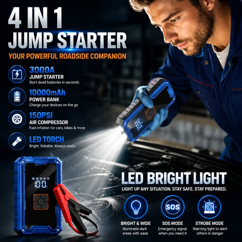 Blue 4-in-1 jump starter with LED light and digital display, shown with handheld use