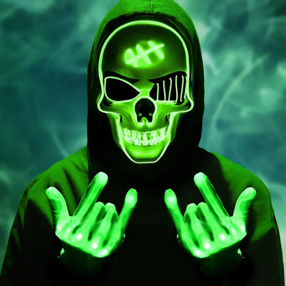 Hoodie-wearer with green light-up skeleton skull face mask and glowing hands
