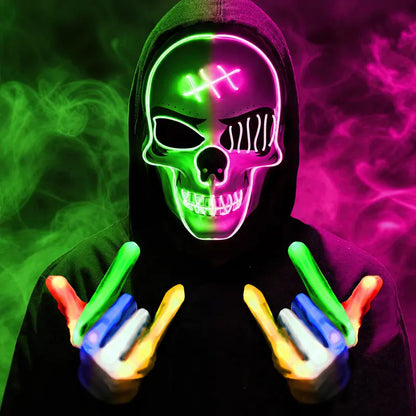 Hoodie-wearer with neon green and magenta skeleton skull light-up mask and hands