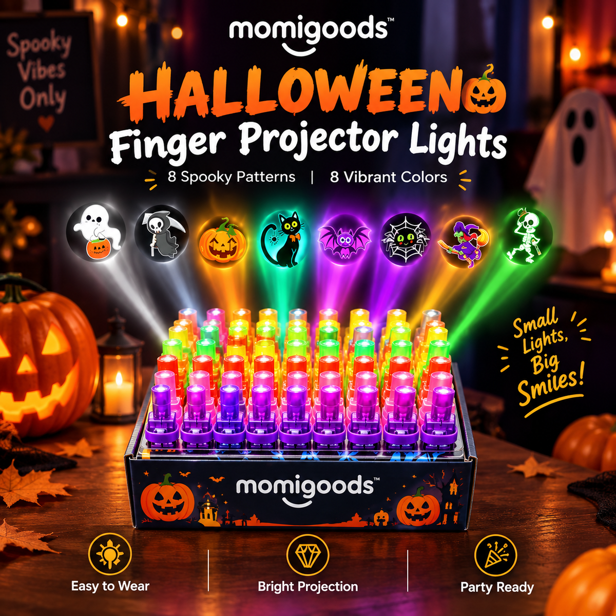 momigoods boxed set of Halloween LED finger projector lights with multi-color glowing caps
