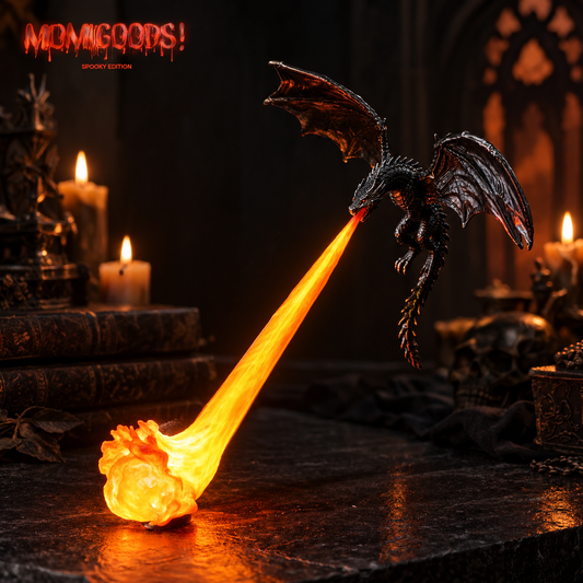 Gothic dragon breath night lamp with orange flame glow from open mouth