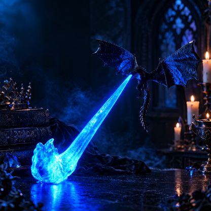 Gothic dragon breath night lamp with glowing blue flame from open mouth