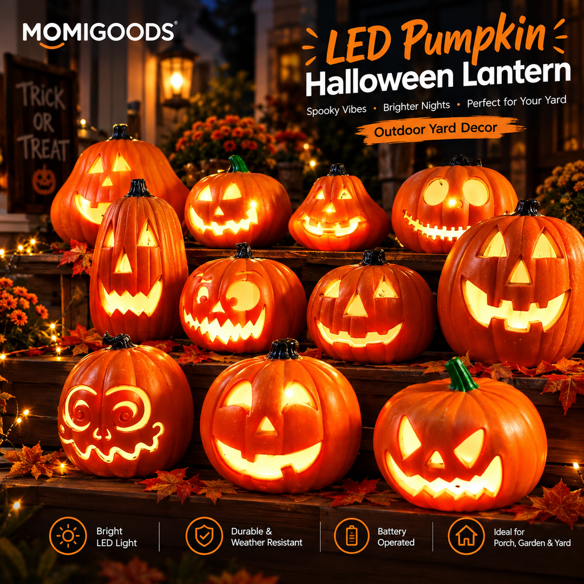 Assorted orange LED pumpkin lanterns with carved faces for yard decoration
