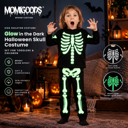 Kids black skeleton glow-in-the-dark pajama set with green light-up bones, full body