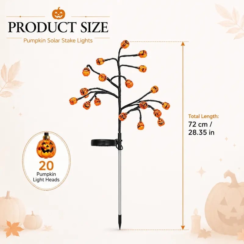 Pumpkin solar stake tree lights with glowing jack-o’-lantern heads on black branch stand