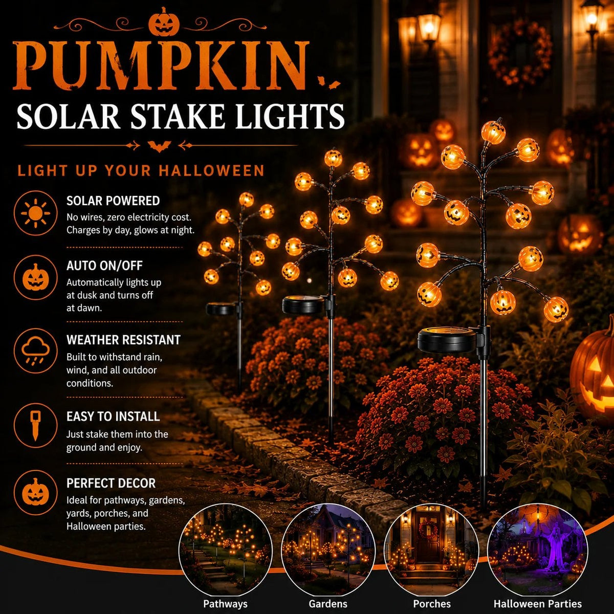 Glowing pumpkin solar stake tree lights with orange jack-o’-lantern bulbs on branches