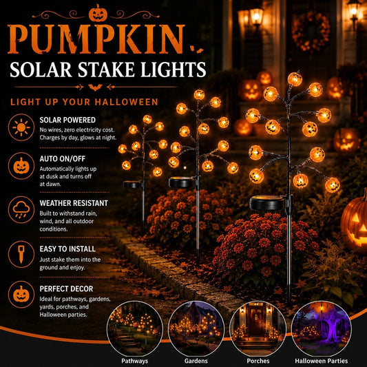 Glowing pumpkin solar stake tree lights with orange jack-o’-lantern bulbs on branches