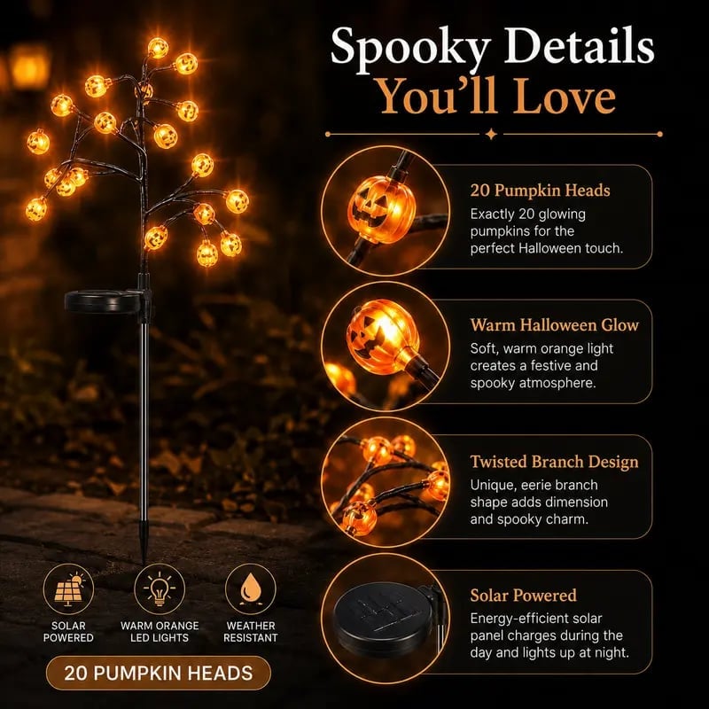 Solar pumpkin stake tree lights with warm orange glowing pumpkin heads on a twisted branch