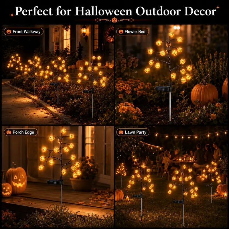 Set of glowing pumpkin solar stake tree lights lining a walkway and garden beds