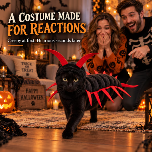 Cat wearing centipede costume: black padded body with red legs and antennae