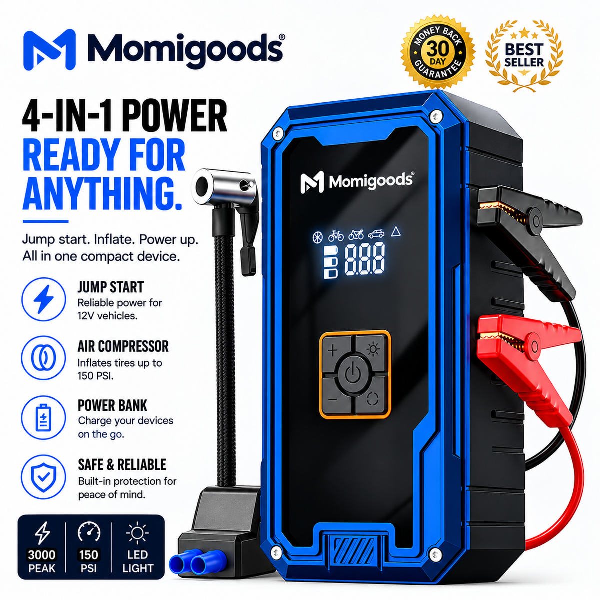 Momigoods 4-in-1 car power adapter and jump starter with blue and black body, digital display, air compressor, red and black clamps, and feature callouts on a white background.