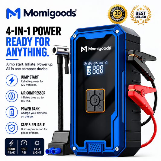 Momigoods 4-in-1 car power adapter and jump starter with blue and black body, digital display, air compressor, red and black clamps, and feature callouts on a white background.