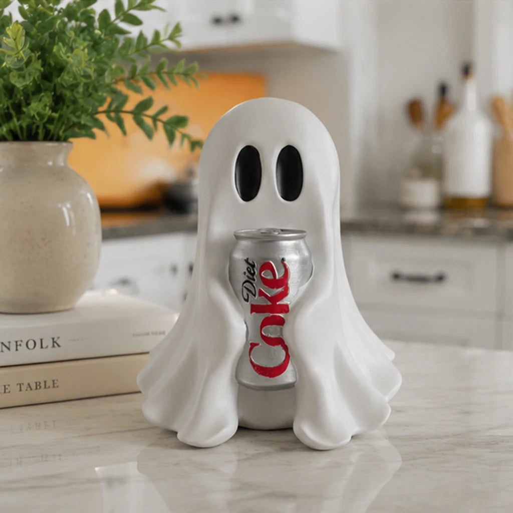 Front view white ghost resin statue holding a silver soda can with red label.