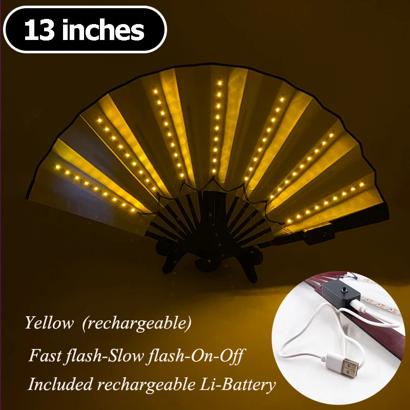 13-inch LED folding hand fan with yellow light strips and black folding handle