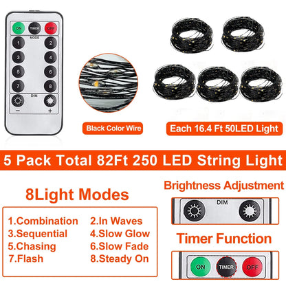 Set of 5 LED string lights with USB timer remote and black wire coils