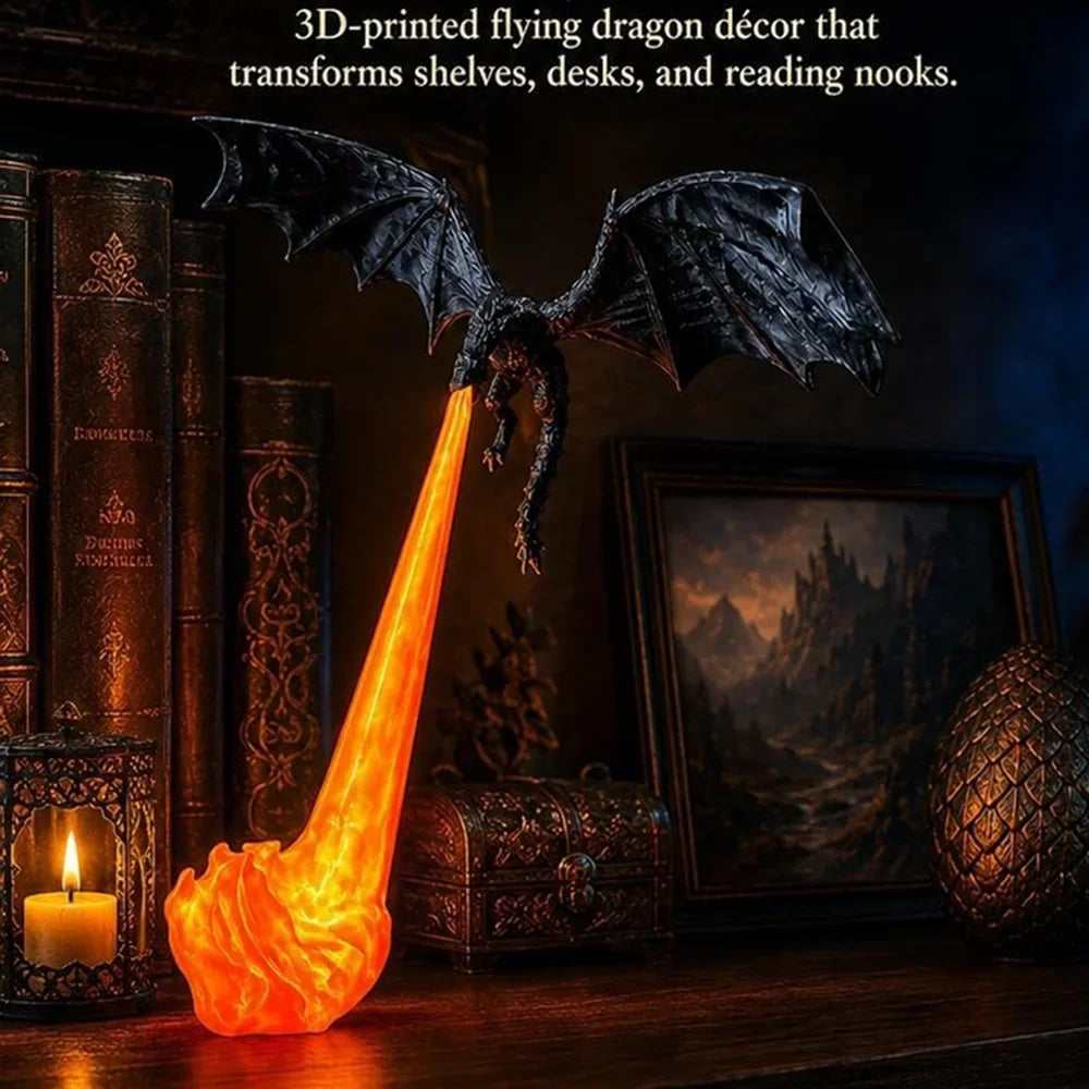 Gothic dragon flame night lamp standing with bright orange flame and dark wings