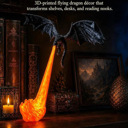 Gothic dragon flame night lamp standing with bright orange flame and dark wings