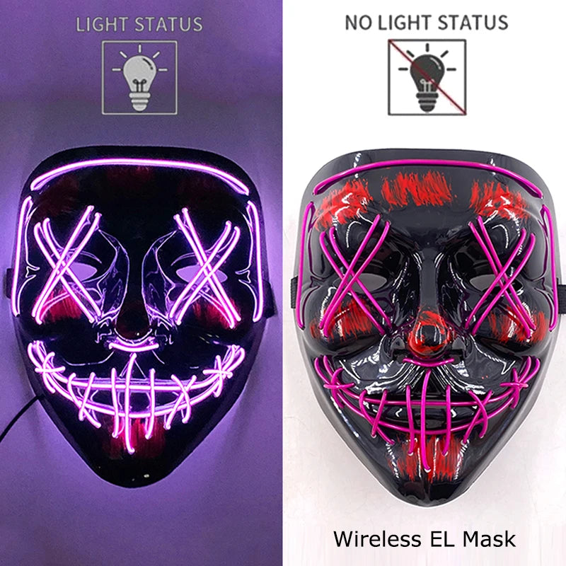 Black Halloween purge mask with purple neon EL light eyes, mouth grid, and teeth