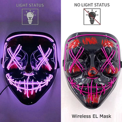 Black Halloween purge mask with purple neon EL light eyes, mouth grid, and teeth