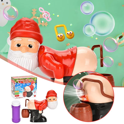 Red and white Santa bubble blower toy with purple soap bottle and bubble barrel