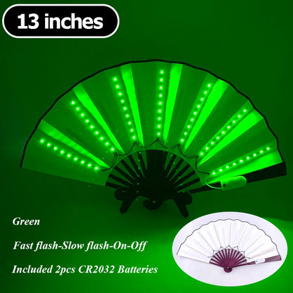 13-inch LED folding hand fan with green light strips and black folding handle