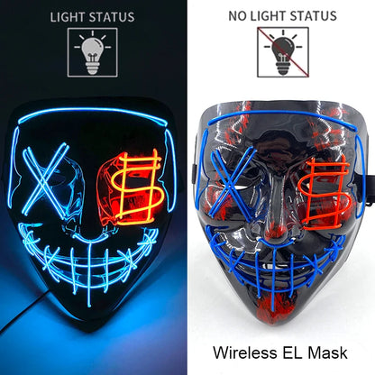 Wireless EL LED purge mask with blue and red neon X eyes and grid teeth