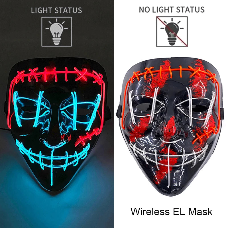 Wireless EL LED purge mask with red and blue neon face outline and teeth bars