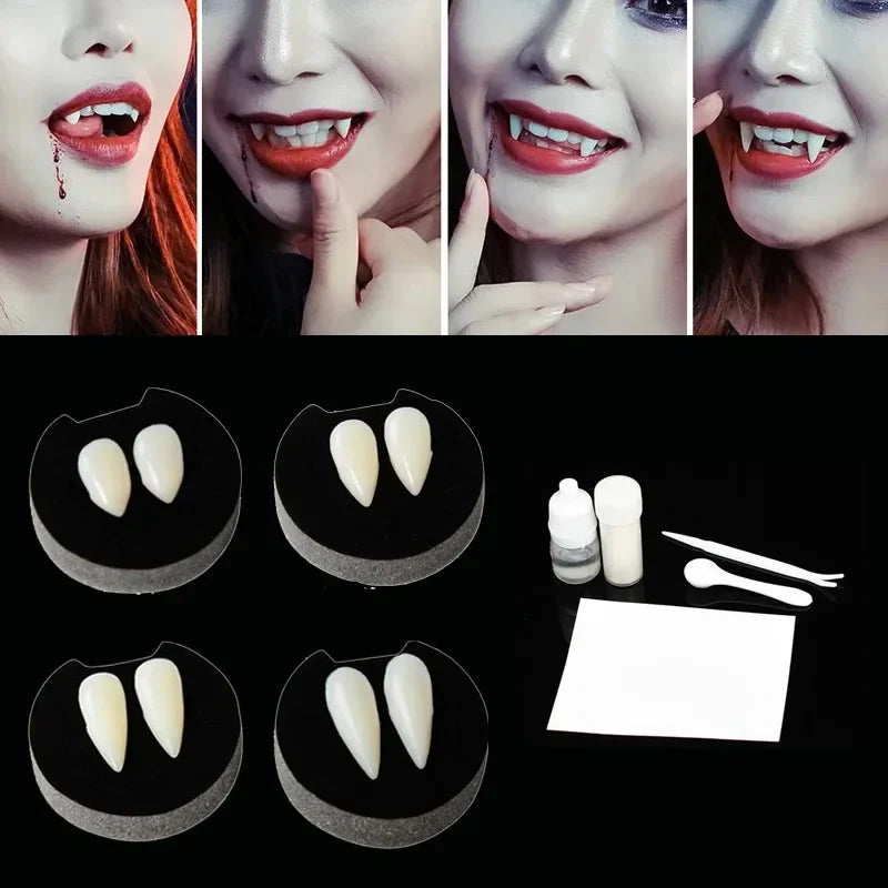 Vampire fang dentures set with multiple pairs and included adhesive tools