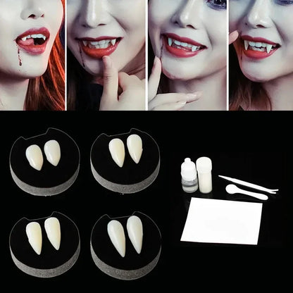 Vampire fang dentures set with multiple pairs and included adhesive tools