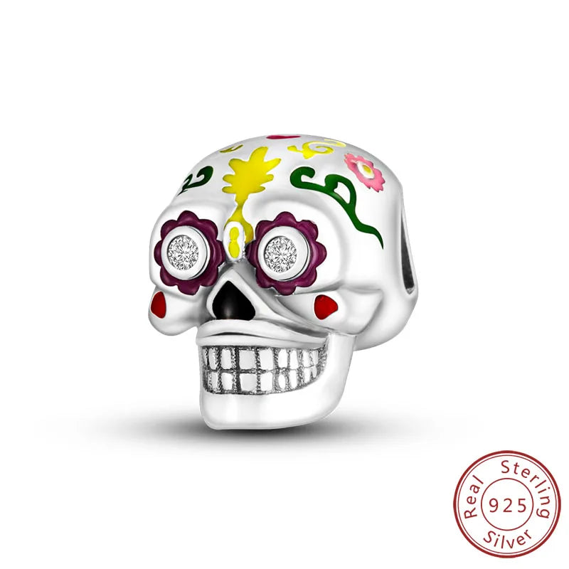 925 sterling silver Halloween charm bead with white skull and colorful flower accents