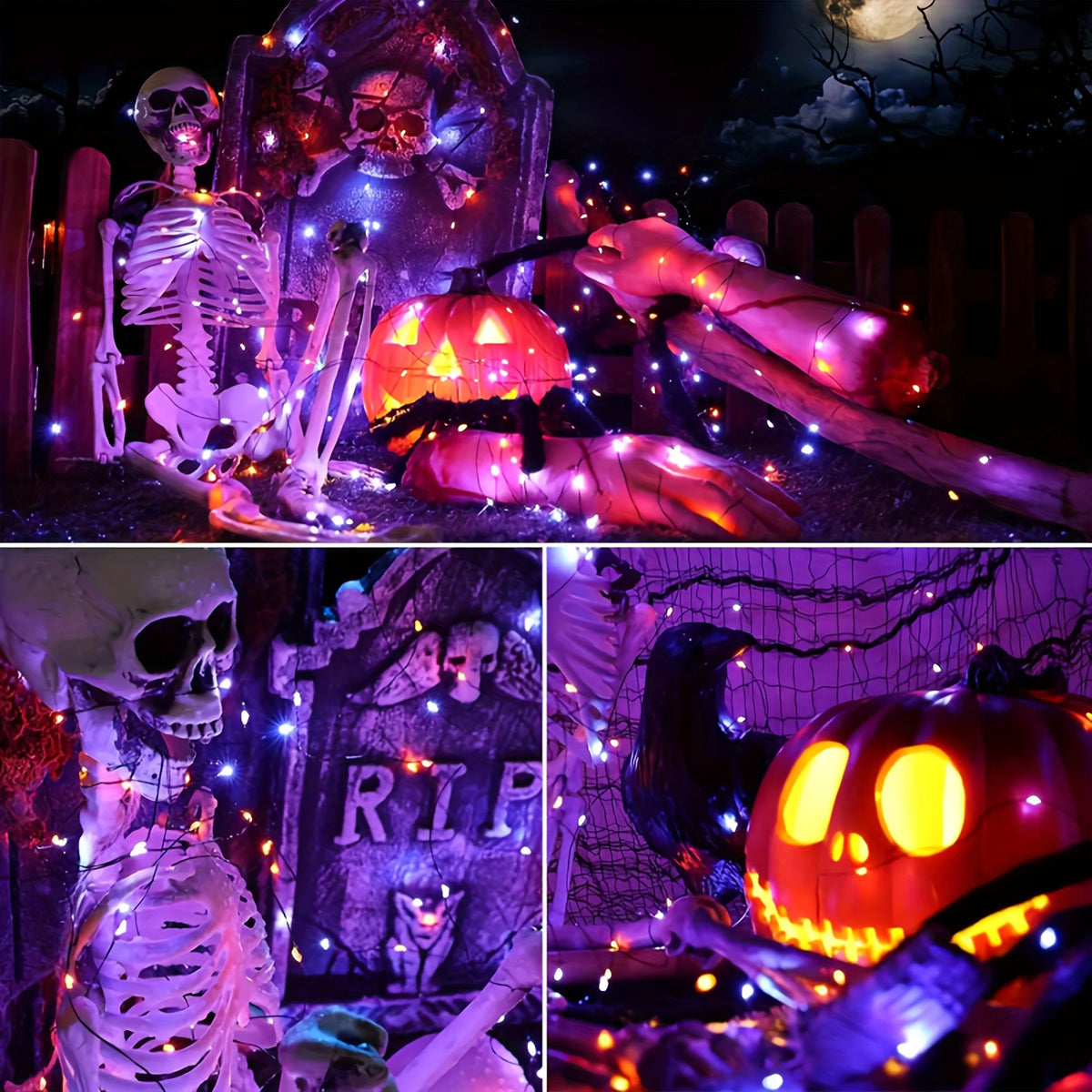 Purple and orange LED fairy lights on skeleton and pumpkin Halloween decorations