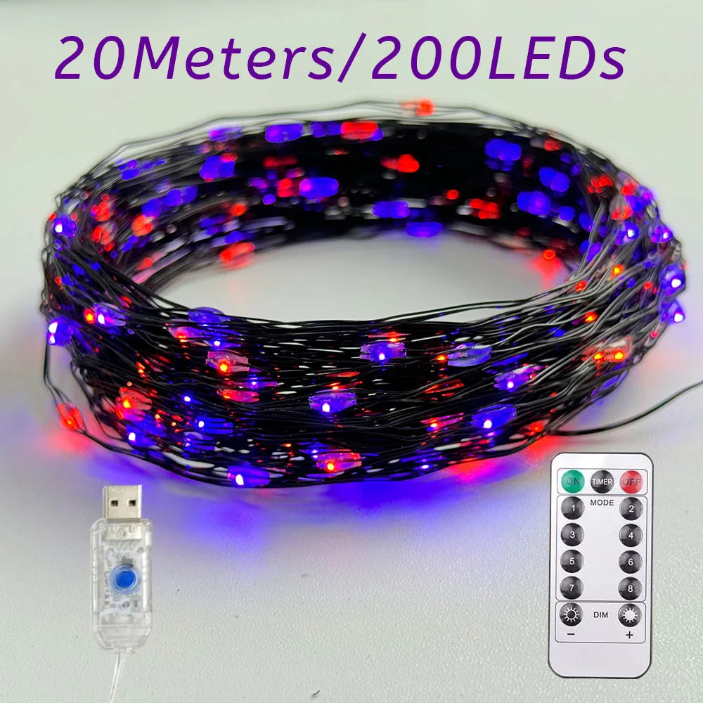 20m purple and orange LED fairy string lights coil with USB plug and remote